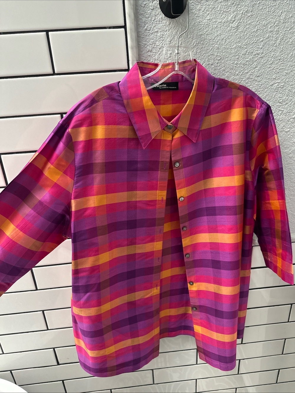 Vintage 90s 100% Silk Valerie Stevens Colorful Plaid Button Up Large 3/4 Sleeve